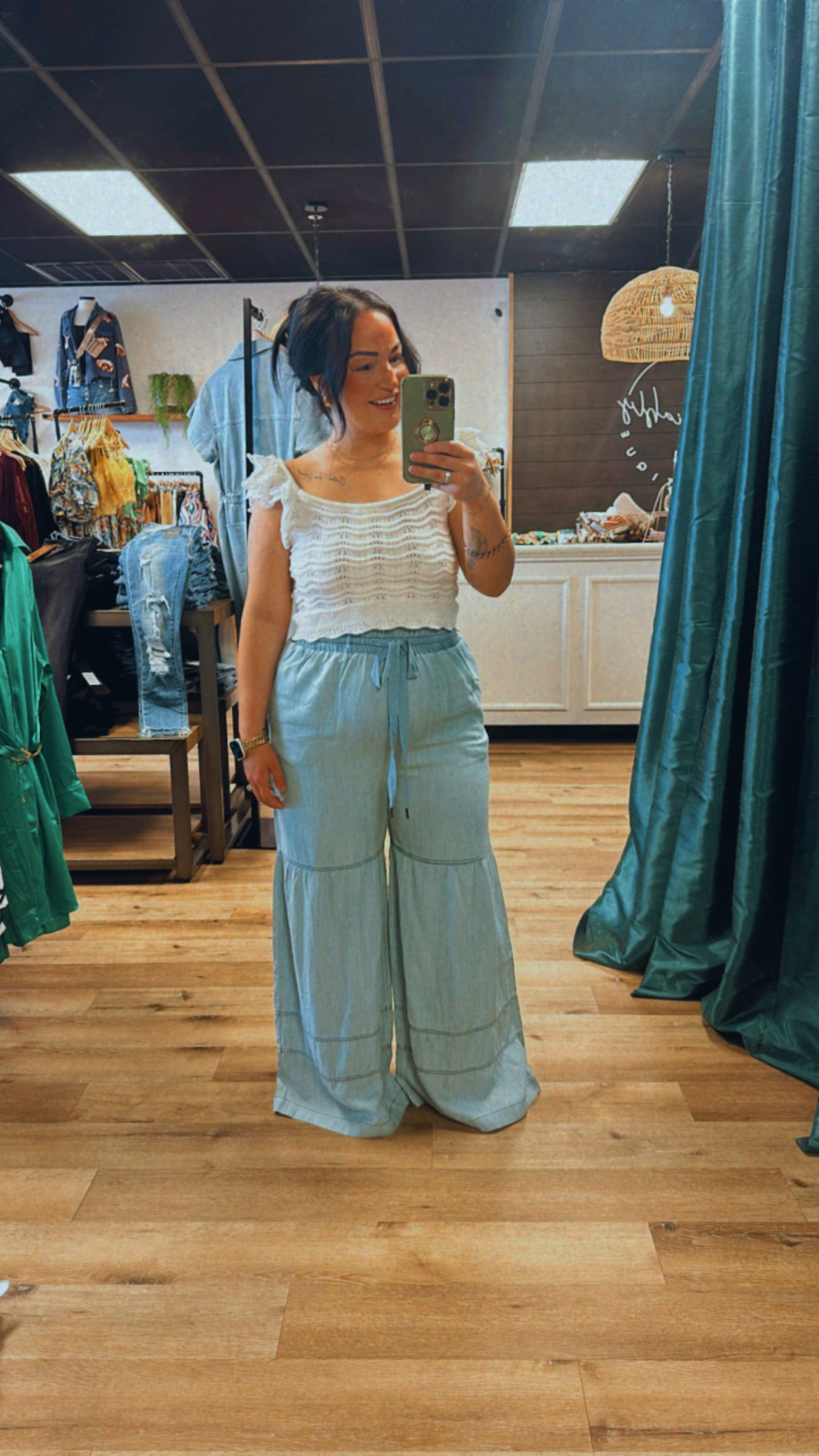 Washed Chambray Denim Wide Leg Pants (PLUS)