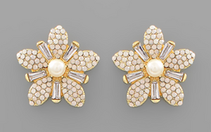White Opal & Gold  Baguette Flower earrings