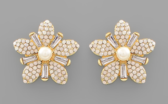 White Opal & Gold  Baguette Flower earrings