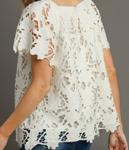 White Lace Short Sleeve Blouse