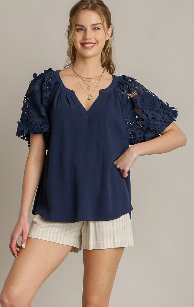 Navy 3D Floral Lace Blouse