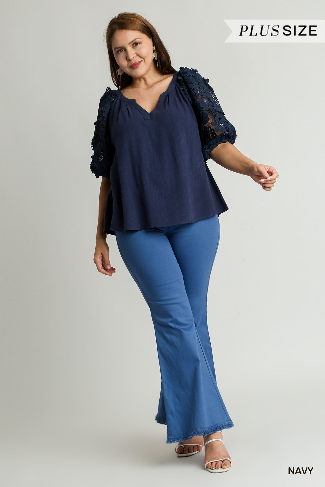 Navy 3D Floral Lace Blouse (PLUS)