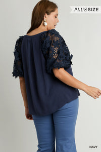 Navy 3D Floral Lace Blouse (PLUS)