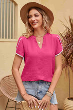 Load image into Gallery viewer, Contrast Trim Pom-Pom Detail Notched Neck Blouse
