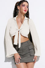 Load image into Gallery viewer, Tie Front Johnny Collar Flare Sleeve Cropped Top
