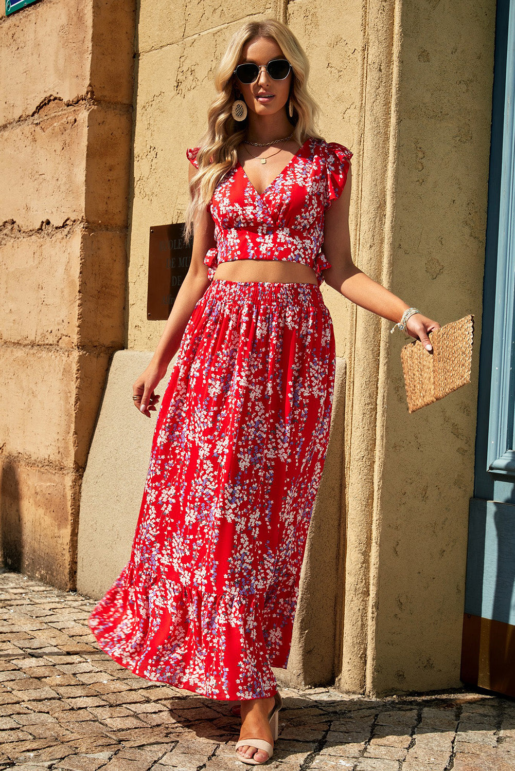 Printed Tie Back Cropped Top and Maxi Skirt Set – Blissful Lane