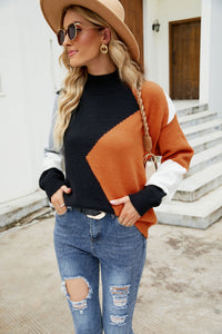 Woven Right Color Block Mock Neck Ribbed Trim Sweater
