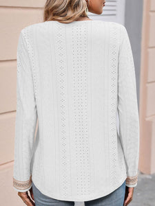 Double Take Contrast V-Neck Eyelet Long Sleeve Top