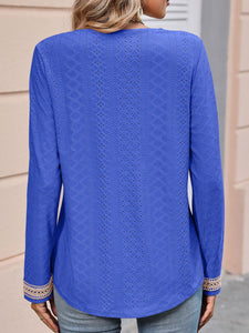 Double Take Contrast V-Neck Eyelet Long Sleeve Top