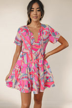 Load image into Gallery viewer, Multicolored Tie Neck Short Sleeve Tiered Dress
