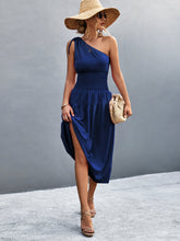 Load image into Gallery viewer, Asymmetrical One Shoulder Smocked Waist Midi Dress
