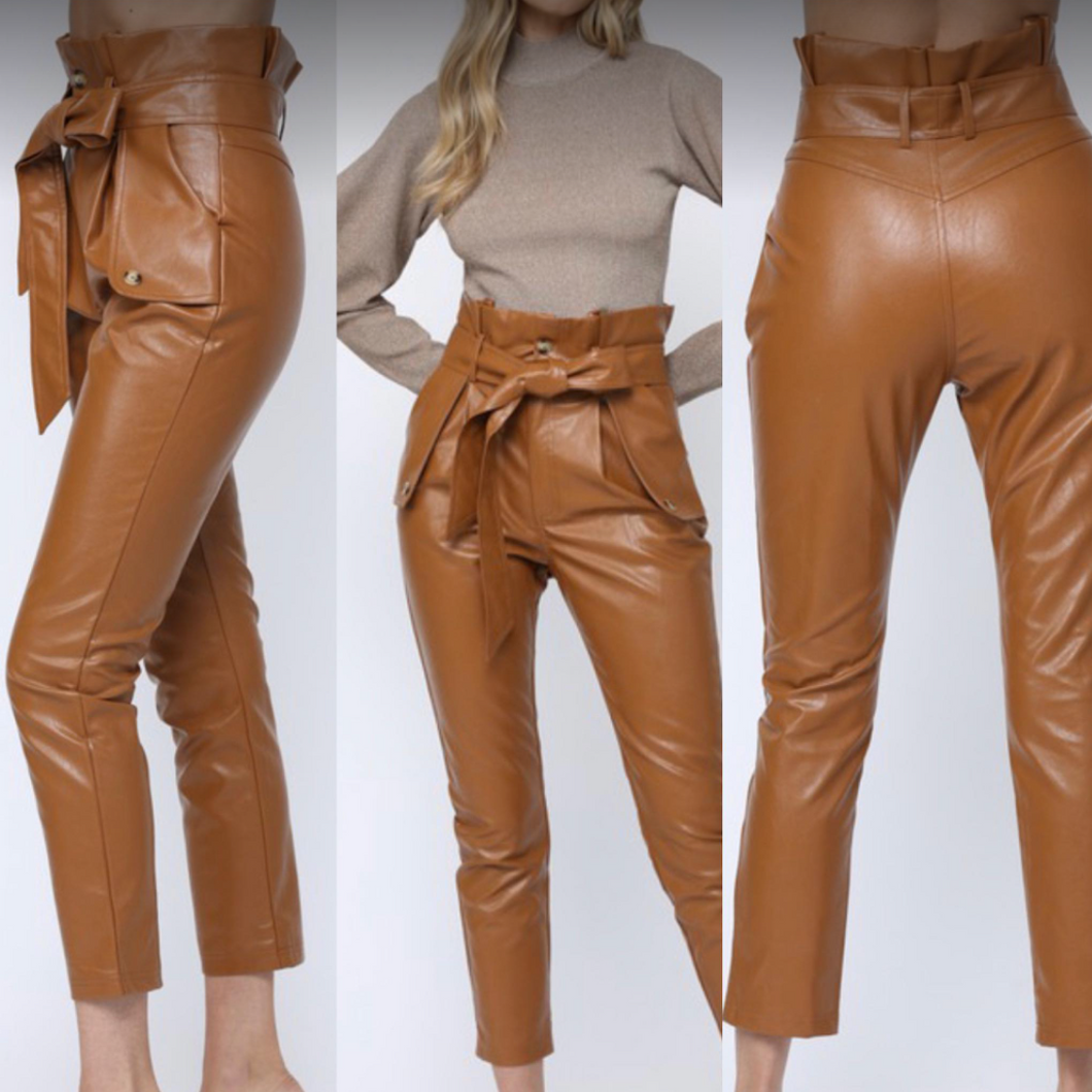 Vegan Leather Paperbag Belted High-Waisted Cognac Brown Pants