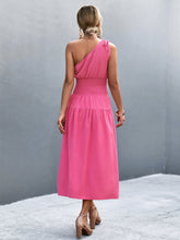 Load image into Gallery viewer, Asymmetrical One Shoulder Smocked Waist Midi Dress

