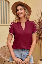 Load image into Gallery viewer, Contrast Trim Pom-Pom Detail Notched Neck Blouse
