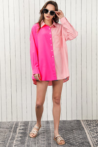 Double Take Color Block Collared Longline Shirt