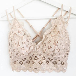 Nude Soft Floral Lace Bralette with Criss Cross Straps