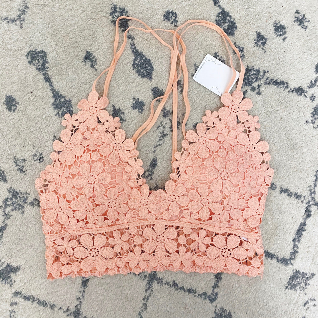 Peach Soft Floral Lace Bralette with Criss Cross Straps
