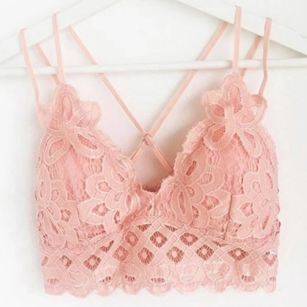 Mellow Rose Soft Floral Lace Bralette with Criss Cross Straps