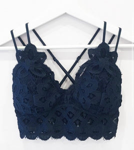Navy Soft Floral Lace Bralette with Criss Cross Straps