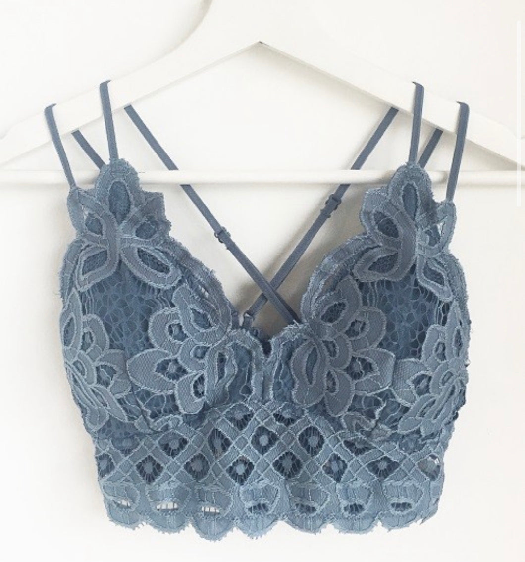Stone Soft Floral Lace Bralette with Criss Cross Straps