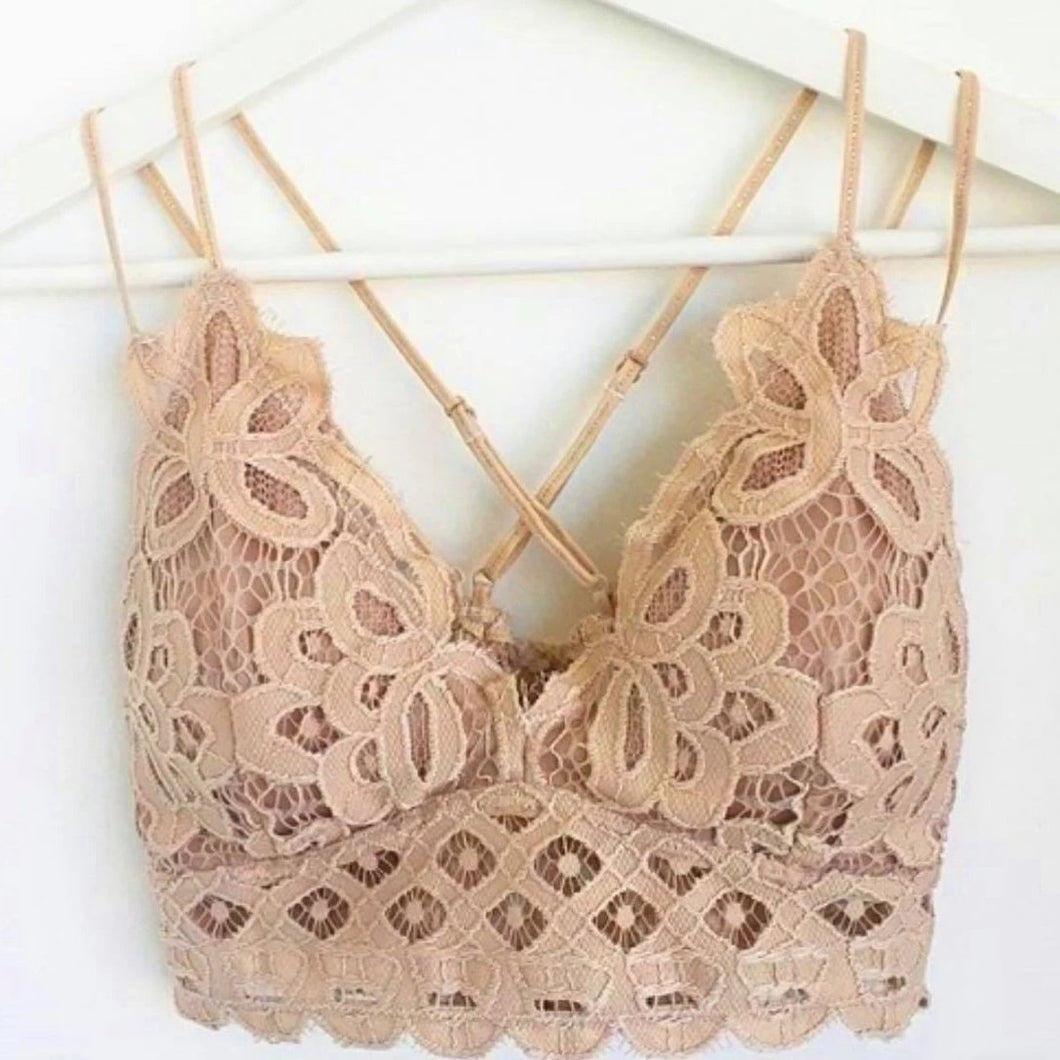 Tan Soft Floral Lace Bralette with Criss Cross Straps