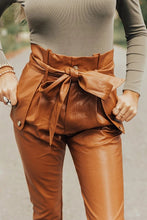 Load image into Gallery viewer, Camel Vegan Faux Leather Paperbag Waist Pants
