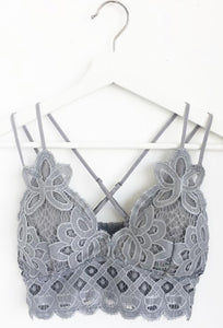 Grey Soft Floral Lace Bralette with Criss Cross Straps